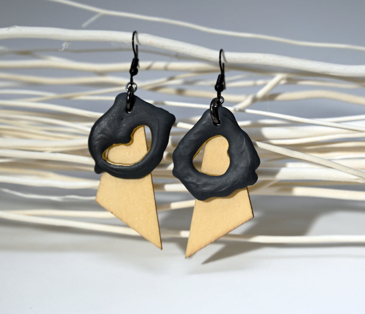 Organic Black Porcelain & Natural Wood Dangle Earrings