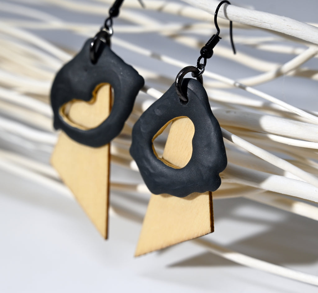 Organic Black Porcelain & Natural Wood Dangle Earrings