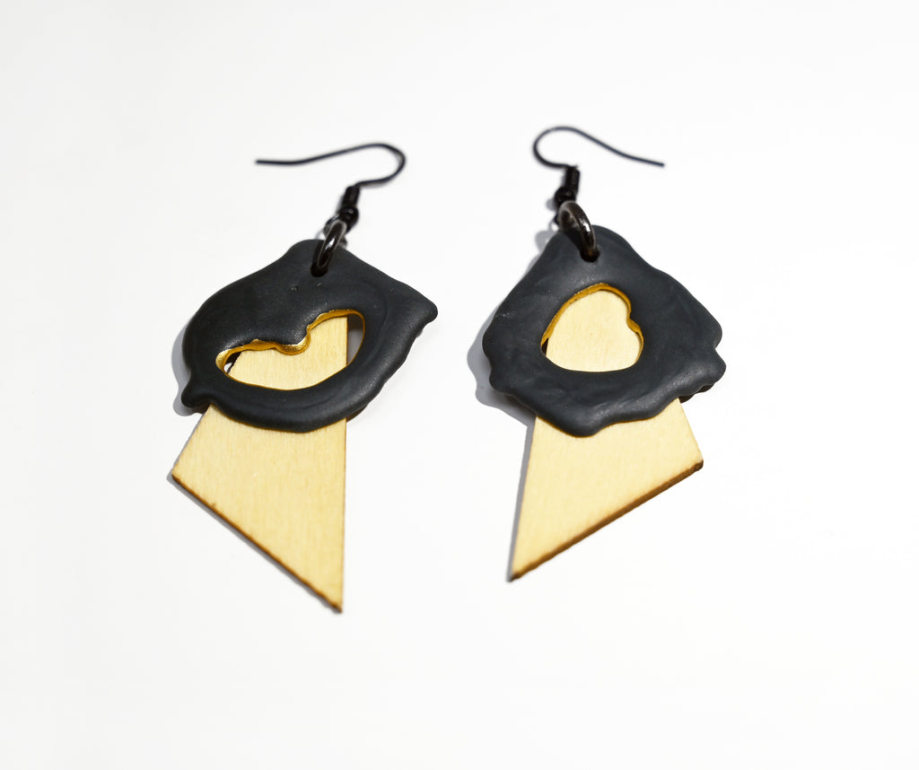 Organic Black Porcelain & Natural Wood Dangle Earrings