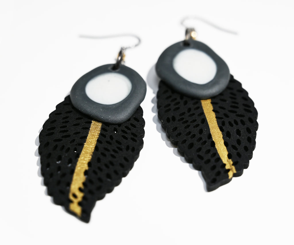 Gilded Lace Wood Leaf & Porcelain Dangle Earrings