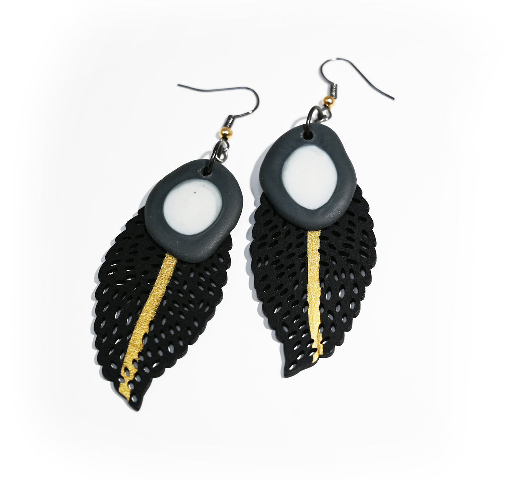 Gilded Lace Wood Leaf & Porcelain Dangle Earrings