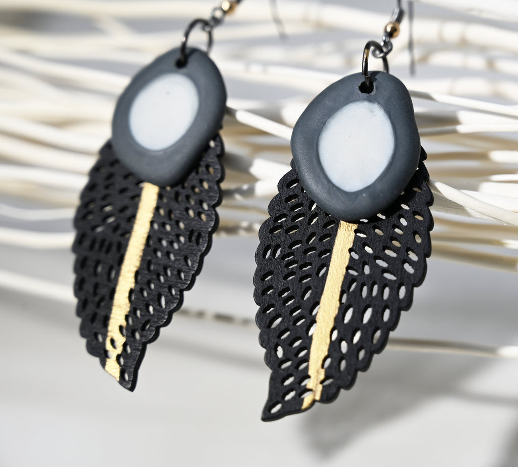 Gilded Lace Wood Leaf & Porcelain Dangle Earrings