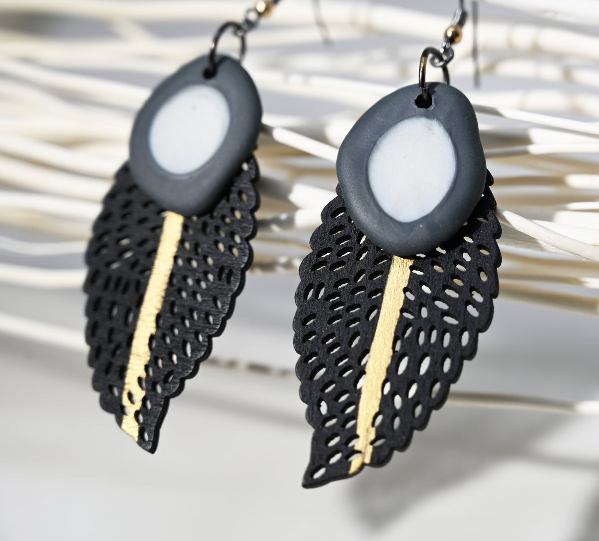 Gilded Lace Wood Leaf & Porcelain Dangle Earrings