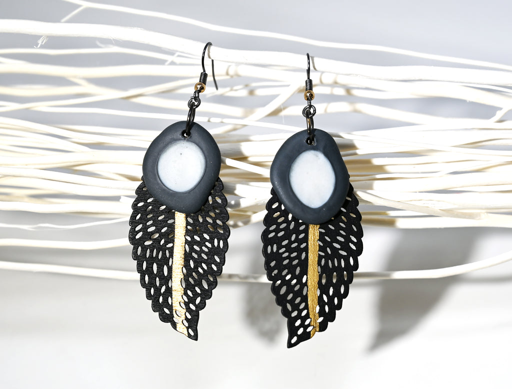 Gilded Lace Wood Leaf & Porcelain Dangle Earrings