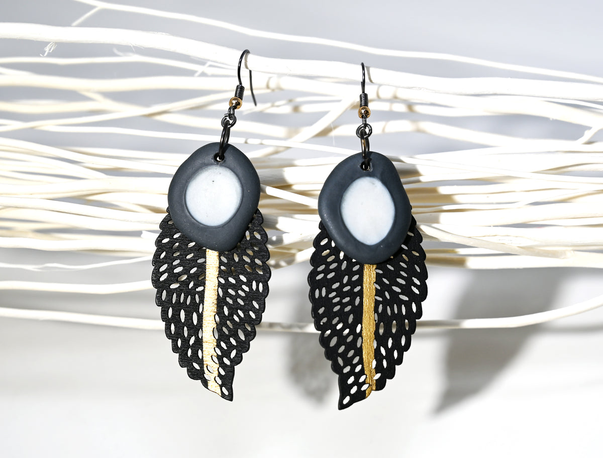 Gilded Lace Wood Leaf & Porcelain Dangle Earrings