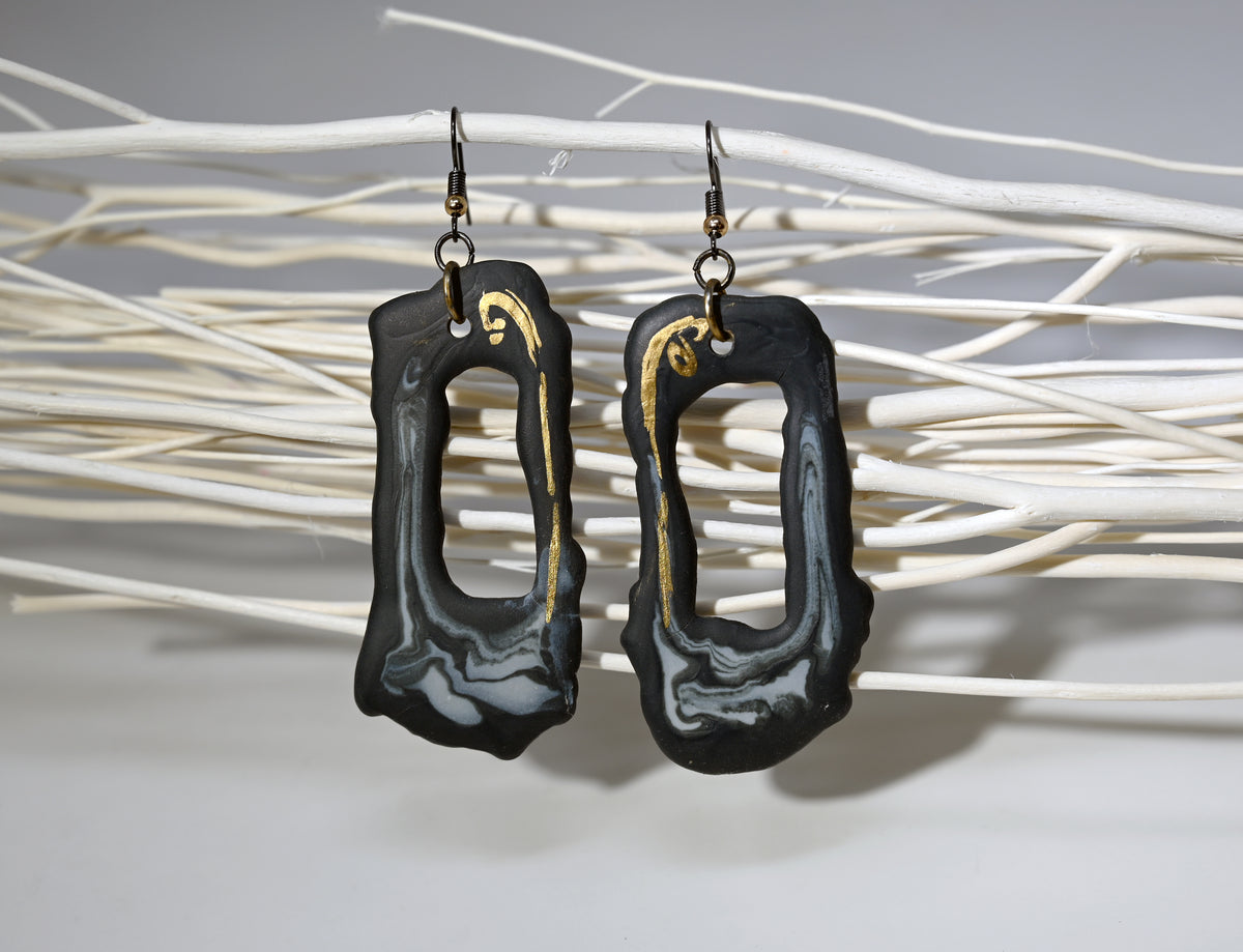 Elongated Open Black Porcelain Earrings with Marble and Gold Accents