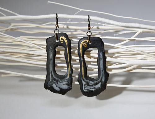 Elongated Open Black Porcelain Earrings with Marble and Gold Accents