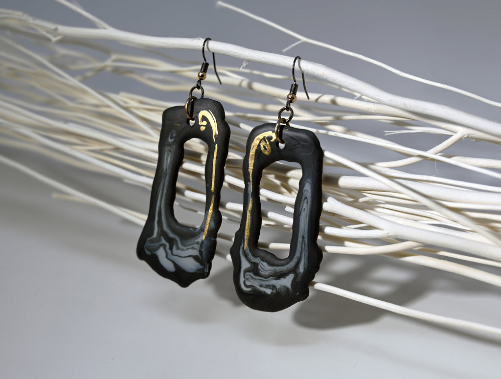 Elongated Open Black Porcelain Earrings with Marble and Gold Accents