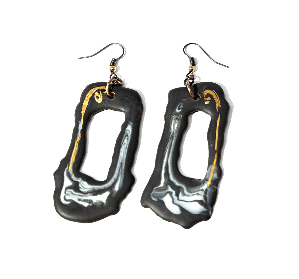 Elongated Open Black Porcelain Earrings with Marble and Gold Accents