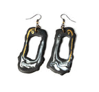 Elongated Open Black Porcelain Earrings with Marble and Gold Accents