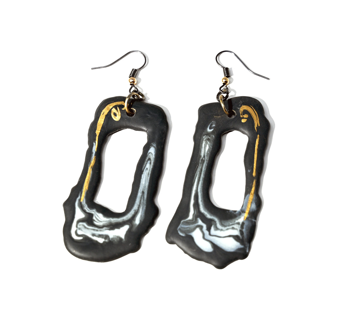 Elongated Open Black Porcelain Earrings with Marble and Gold Accents
