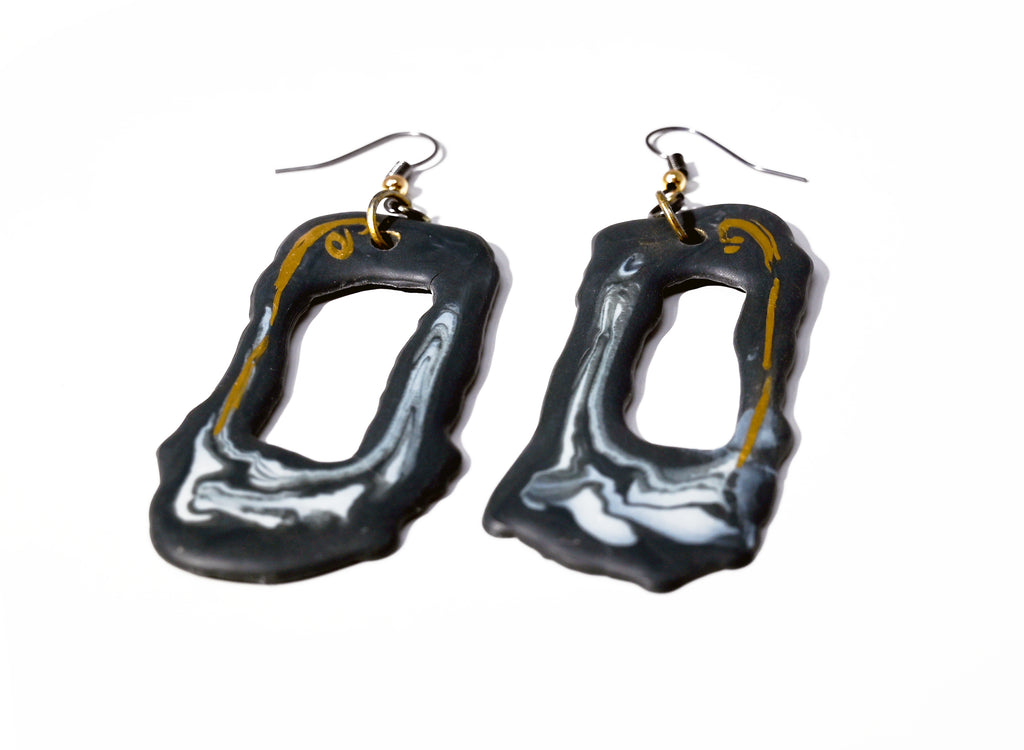 Elongated Open Black Porcelain Earrings with Marble and Gold Accents