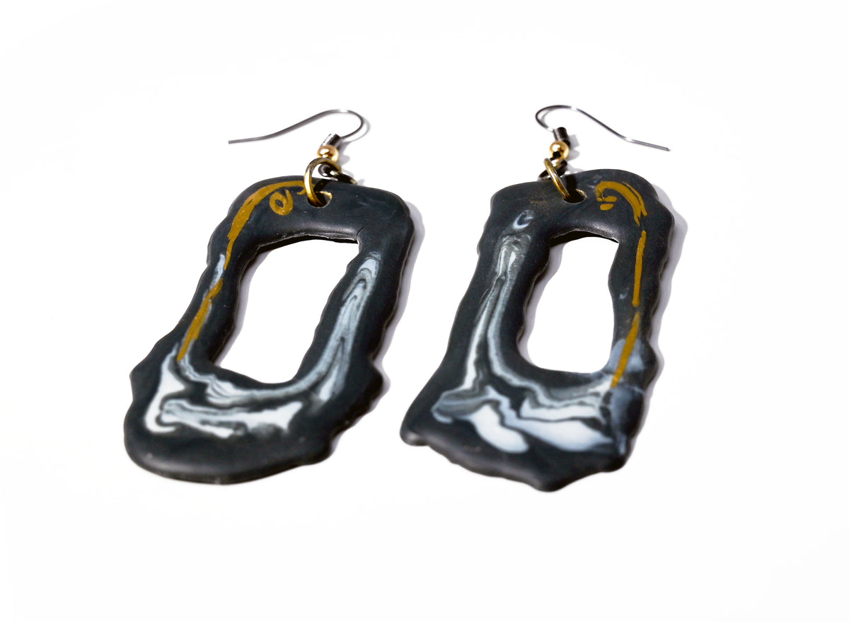Elongated Open Black Porcelain Earrings with Marble and Gold Accents